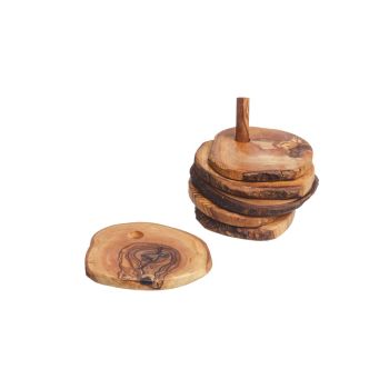 Olive Wood Rustic Coaster with Holder (Set of 6)